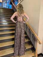 Leopard Print A-Line Deep V-Neck Prom Dress with Slit