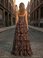 Leopard Print Strapless A-Line Tiered Ruffles Prom Dress with Lace Trim