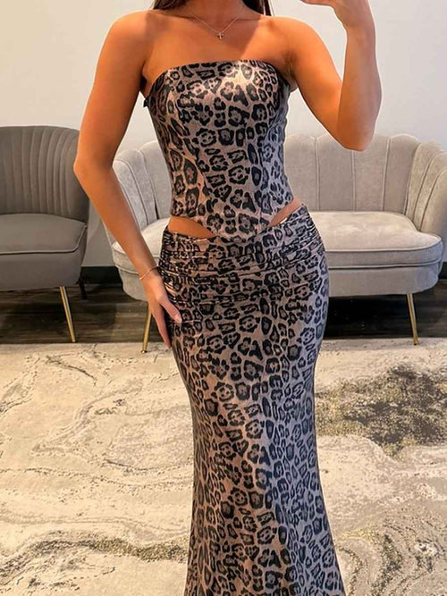 Leopard Print Strapless Corset Two-Piece Long Prom Dress BMBRIDE