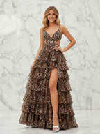 Leopard Print Tiered Ruffle A-Line Prom Dress with Cutouts