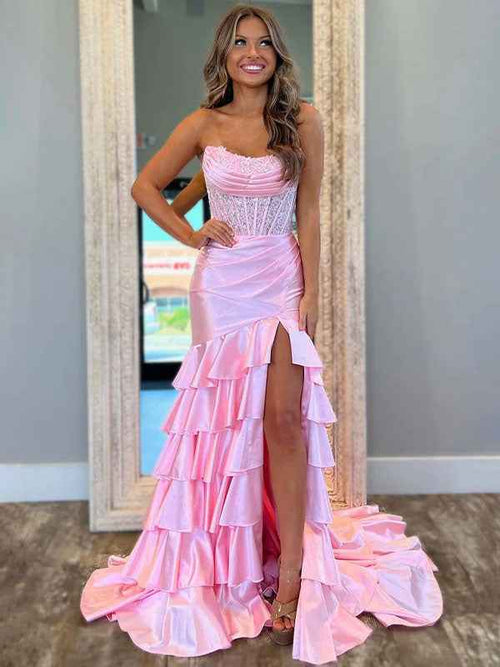 Pink Mermaid Strapless Satin Tiered Long Prom Dress with Sequins BMBRIDE