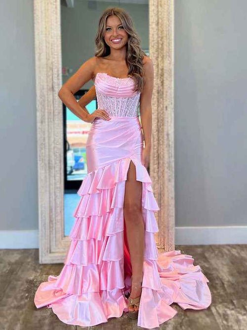 Pink Mermaid Strapless Satin Tiered Long Prom Dress with Sequins BMBRIDE