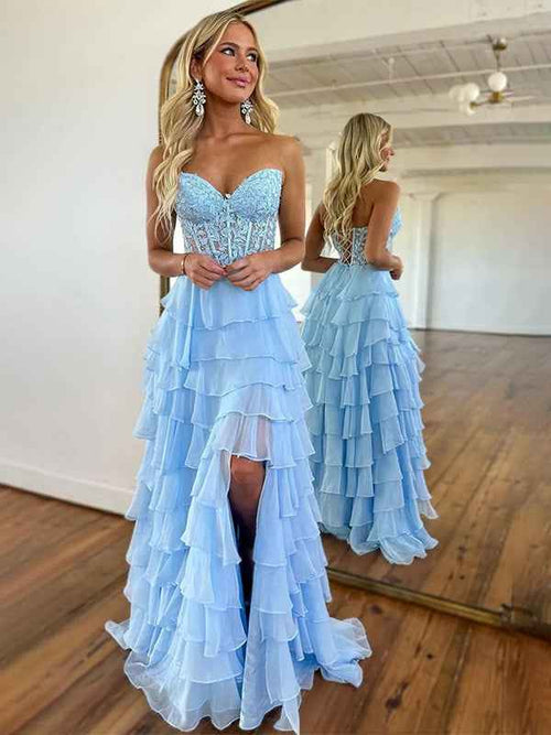 Light Blue A-Line Sweetheart Long Tiered Prom Dress with Slit BMBRIDE