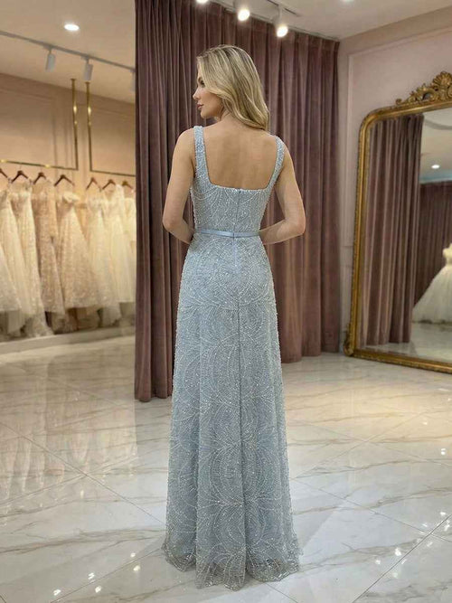 Light Blue Beaded Square Neck A-Line Long Prom Dress BMBRIDE