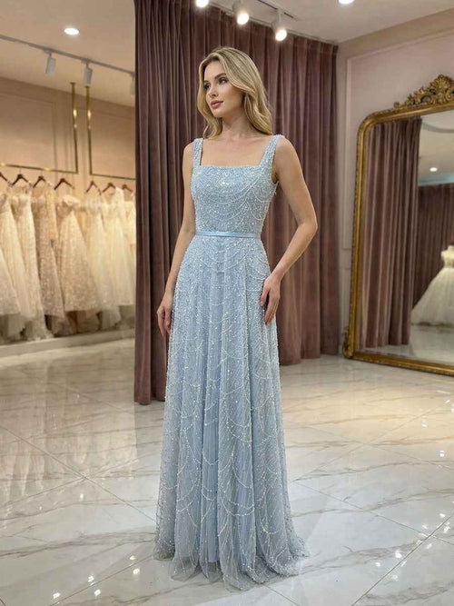 Light Blue Beaded Square Neck A-Line Long Prom Dress BMBRIDE