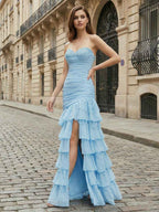Light Blue Beaded Strapless Drop-Waist Tiered Prom Dress with Slit