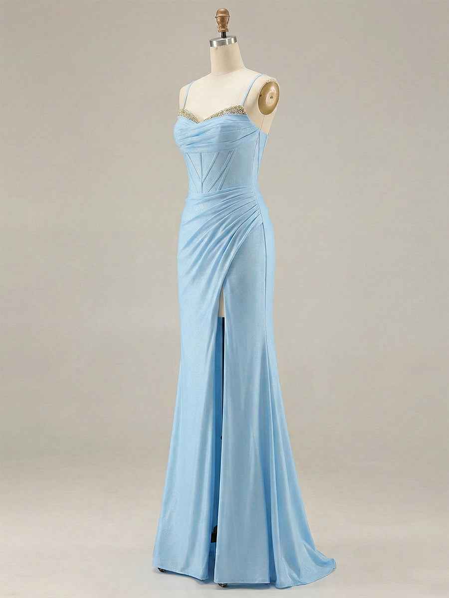 Light Blue Crystal-Trimmed Corset Prom Dress with Slit
