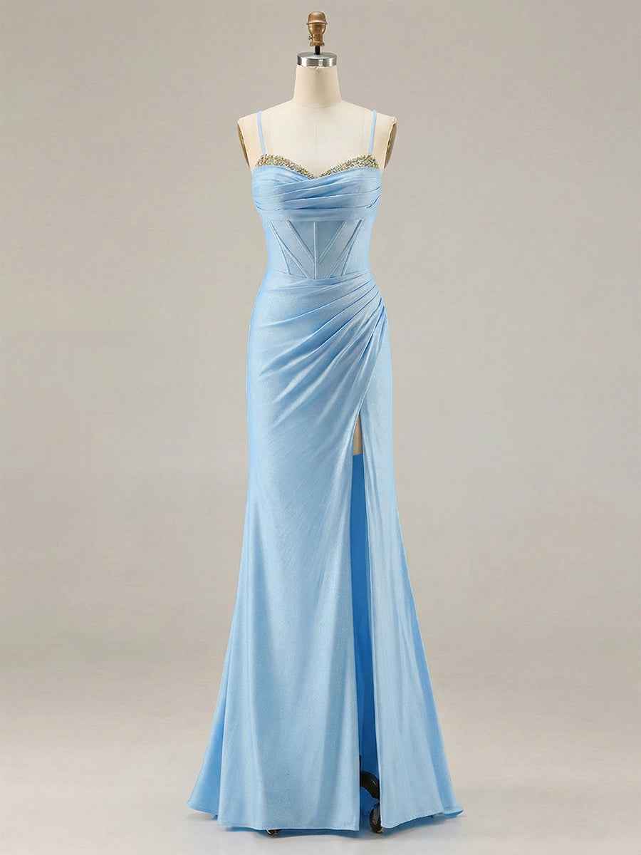 Light Blue Crystal-Trimmed Corset Prom Dress with Slit