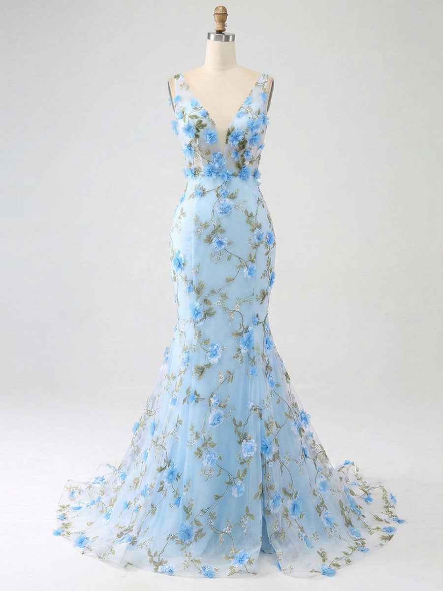 Light Blue Deep V-Neck Tulle Mermaid Prom Dress with 3D Floral Appliqu¡§|s