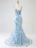 Light Blue Deep V-Neck Tulle Mermaid Prom Dress with 3D Floral Appliqu¡§|s