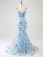 Light Blue Deep V-Neck Tulle Mermaid Prom Dress with 3D Floral Appliqu¡§|s