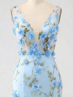 Light Blue Deep V-Neck Tulle Mermaid Prom Dress with 3D Floral Appliqu¡§|s