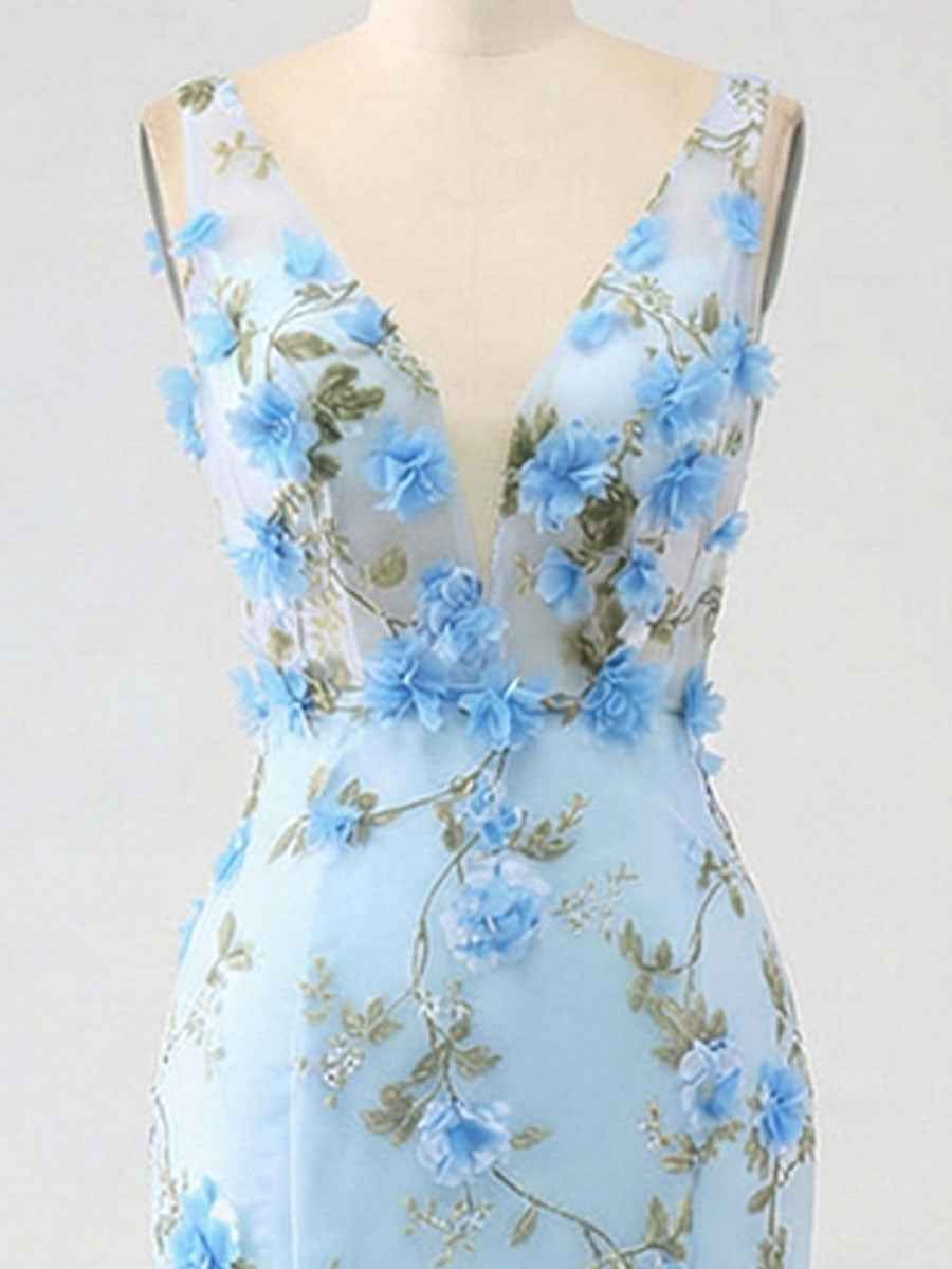 Light Blue Deep V-Neck Tulle Mermaid Prom Dress with 3D Floral Appliqu¡§|s