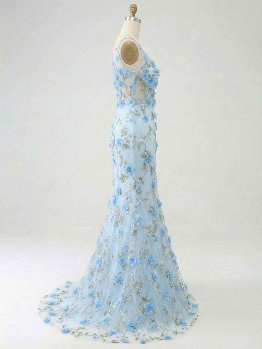 Light Blue Deep V-Neck Tulle Mermaid Prom Dress with 3D Floral Appliqu¡§|s