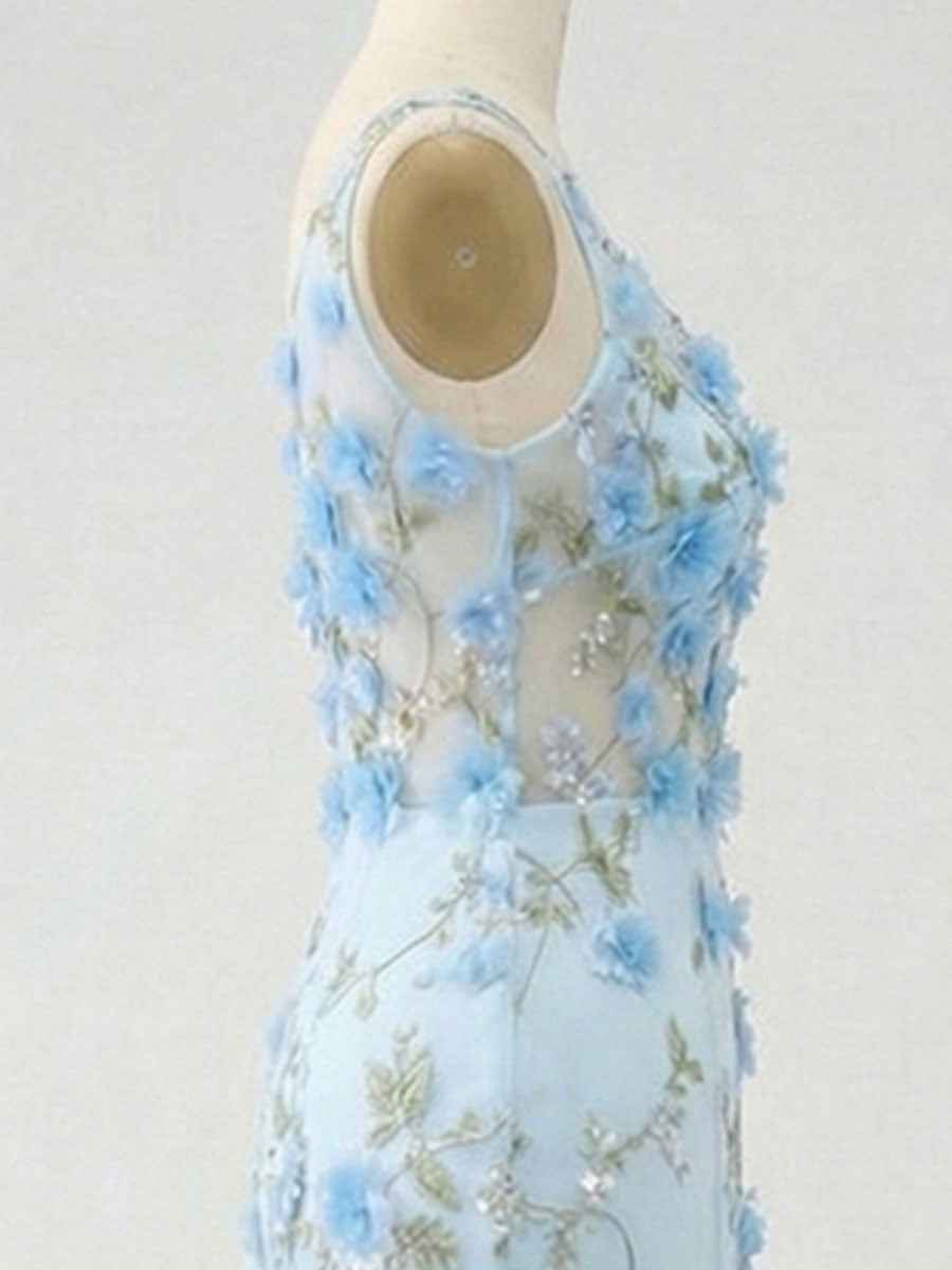 Light Blue Deep V-Neck Tulle Mermaid Prom Dress with 3D Floral Appliqu¡§|s