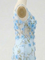 Light Blue Deep V-Neck Tulle Mermaid Prom Dress with 3D Floral Appliqu¡§|s