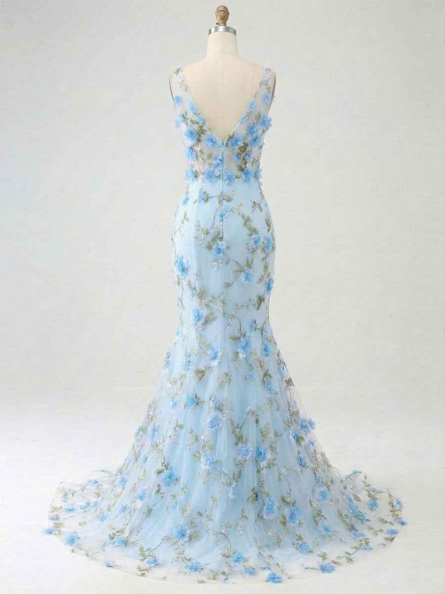Light Blue Deep V-Neck Tulle Mermaid Prom Dress with 3D Floral Appliqu¡§|s