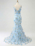Light Blue Deep V-Neck Tulle Mermaid Prom Dress with 3D Floral Appliqu¡§|s