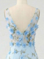 Light Blue Deep V-Neck Tulle Mermaid Prom Dress with 3D Floral Appliqu¡§|s