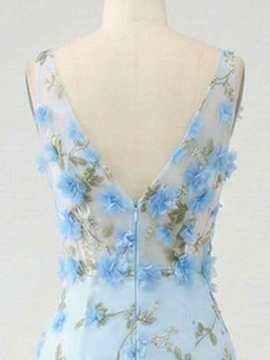 Light Blue Deep V-Neck Tulle Mermaid Prom Dress with 3D Floral Appliqu¡§|s