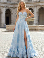 Light Blue Floral Appliqu¡§| Corset A-Line Prom Dress with Slit