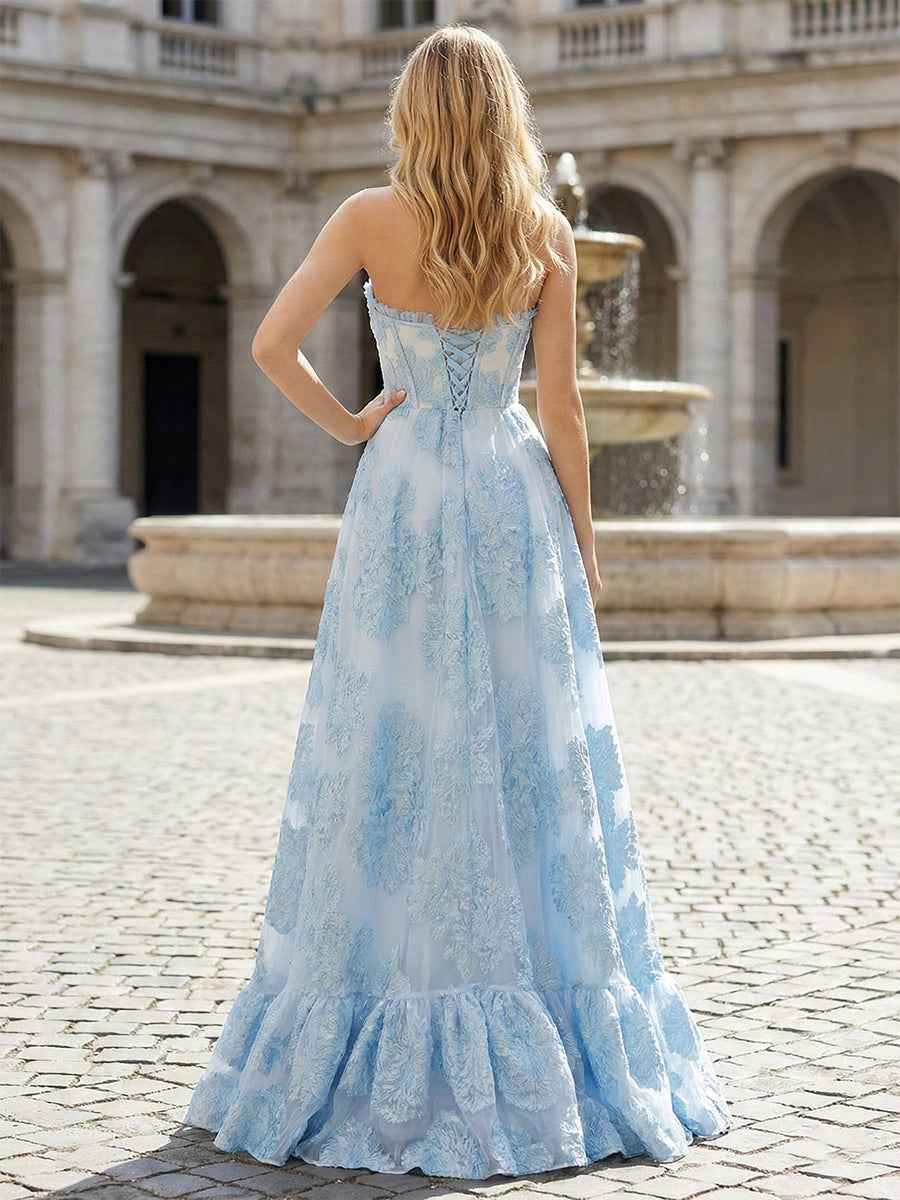 Light Blue Floral Appliqu¡§| Corset A-Line Prom Dress with Slit