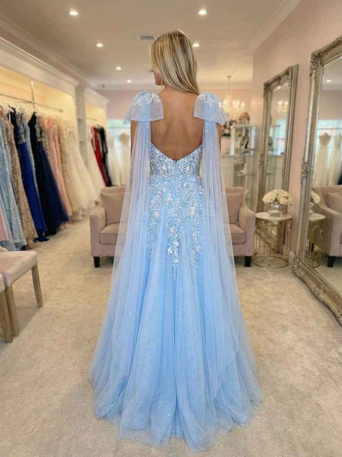 Glitter Light Blue Floral Embroidery Tulle Prom Dress with Shoulder Capes BMBRIDE