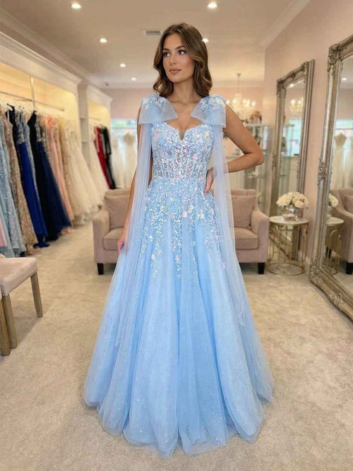 Glitter Light Blue Floral Embroidery Tulle Prom Dress with Shoulder Capes BMBRIDE