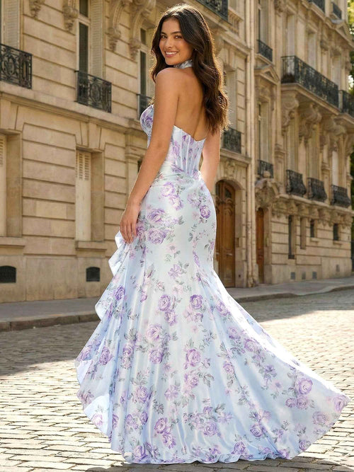 Light Blue Floral Print Sweetheart Satin High-Low Corset Prom Dress BMBRIDE