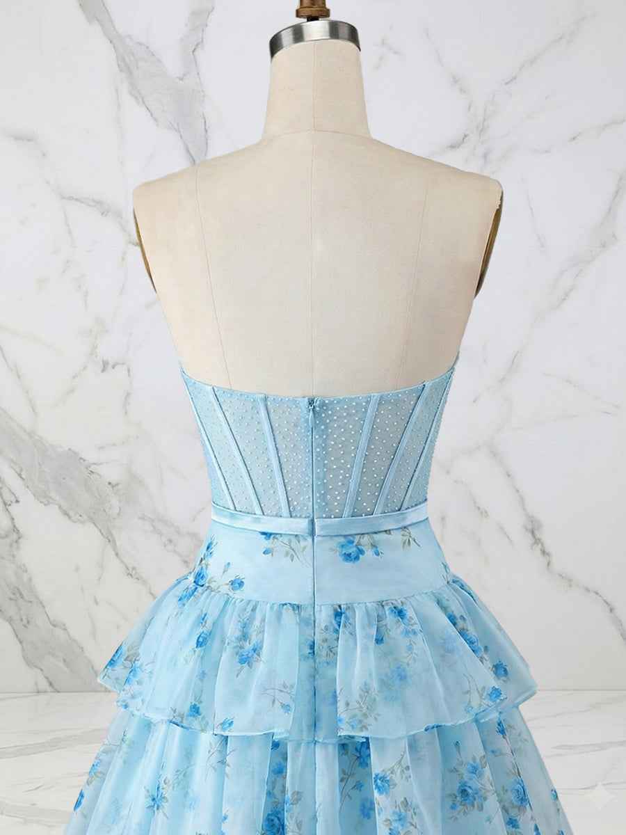 Light Blue Floral Strapless Tiered Corset Long Prom Dress