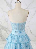 Light Blue Floral Strapless Tiered Corset Long Prom Dress