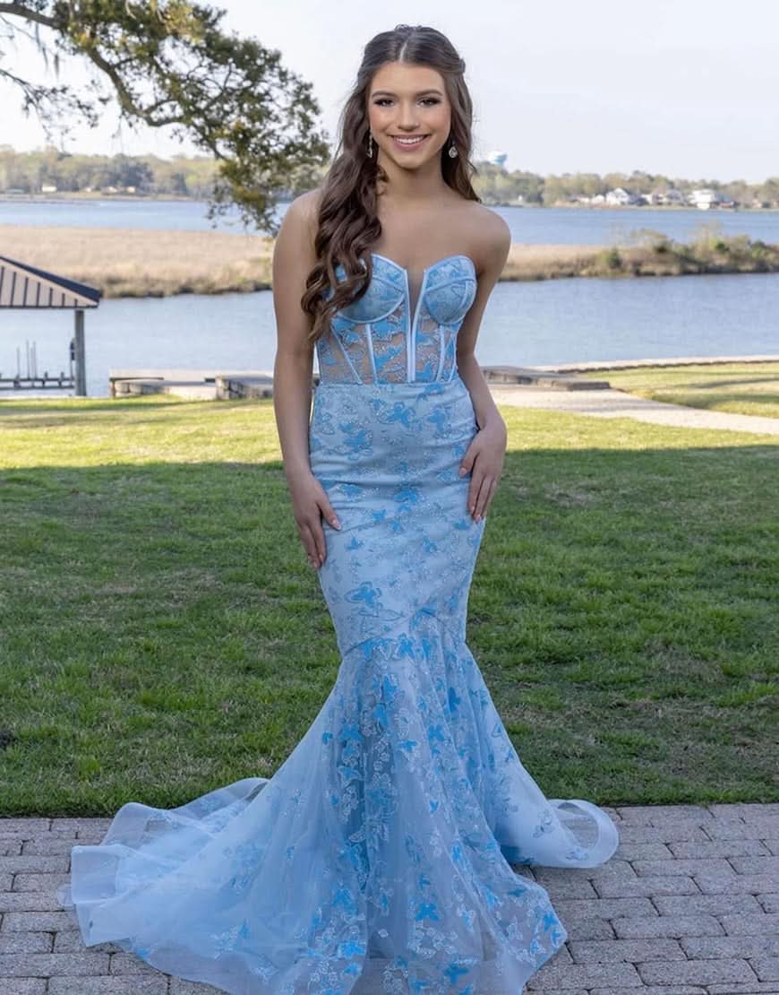 Gorgeous Light Blue Strapless Long Prom Dress with Appliques – Bmbride