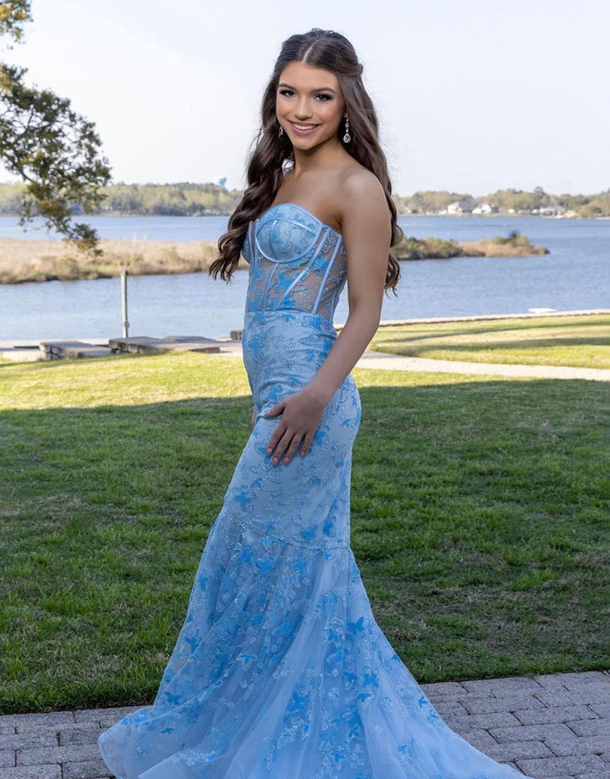 Gorgeous Light Blue Strapless Long Prom Dress with Appliques BM bride
