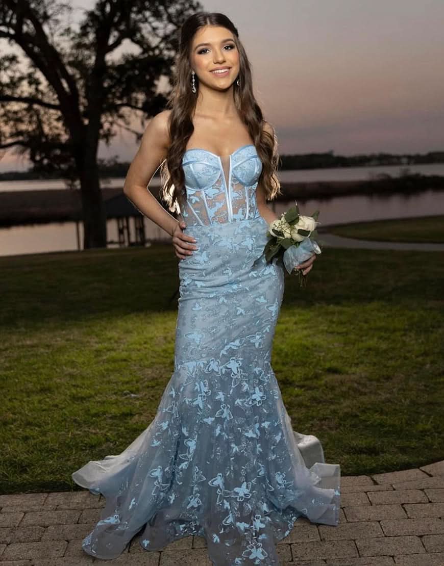 Gorgeous Light Blue Strapless Long Prom Dress with Appliques BM bride