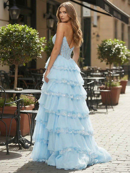 Light Blue Lace Corset Tiered Prom Dress with Sparkle Trim BMBRIDE