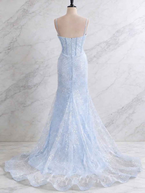 Light Blue Spaghetti Straps Mermaid Long Prom Dress with Beading BMBRIDE