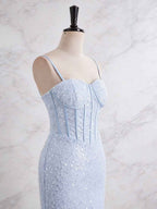 Light Blue Spaghetti Straps Mermaid Long Prom Dress with Beading