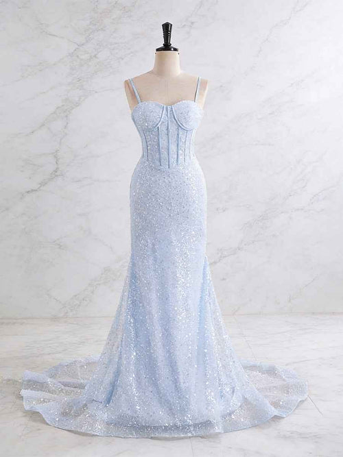 Light Blue Spaghetti Straps Mermaid Long Prom Dress with Beading BMBRIDE