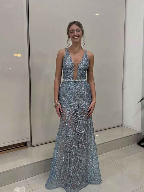 Light Blue Patterned Sequin Deep V-Neck Long Prom Dress BMBRIDE