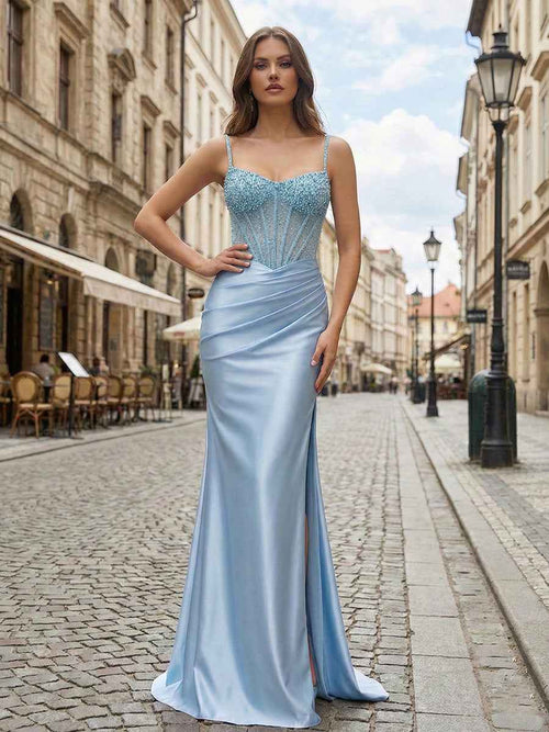 Light Blue Pearl Beaded Corset Satin Prom Dress with Slit BMBRIDE