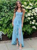 Light Blue Ruffled Mesh Sheer Panels Long Prom Dress