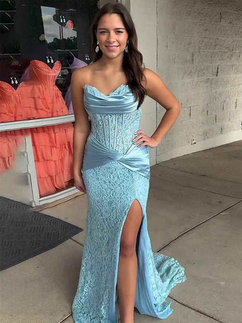 Light Blue Satin Lace Floral Corset Mermaid Long Prom Dress BMBRIDE