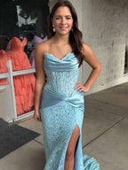 Light Blue Satin Lace Floral Corset Mermaid Long Prom Dress