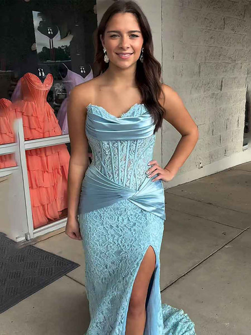 Light Blue Satin Lace Floral Corset Mermaid Long Prom Dress BMBRIDE