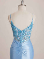 Light Blue Satin Sequin Bodice Twisted Waist Corset Prom Dress with Slit