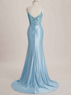 Light Blue Satin Sequin Bodice Twisted Waist Corset Prom Dress with Slit