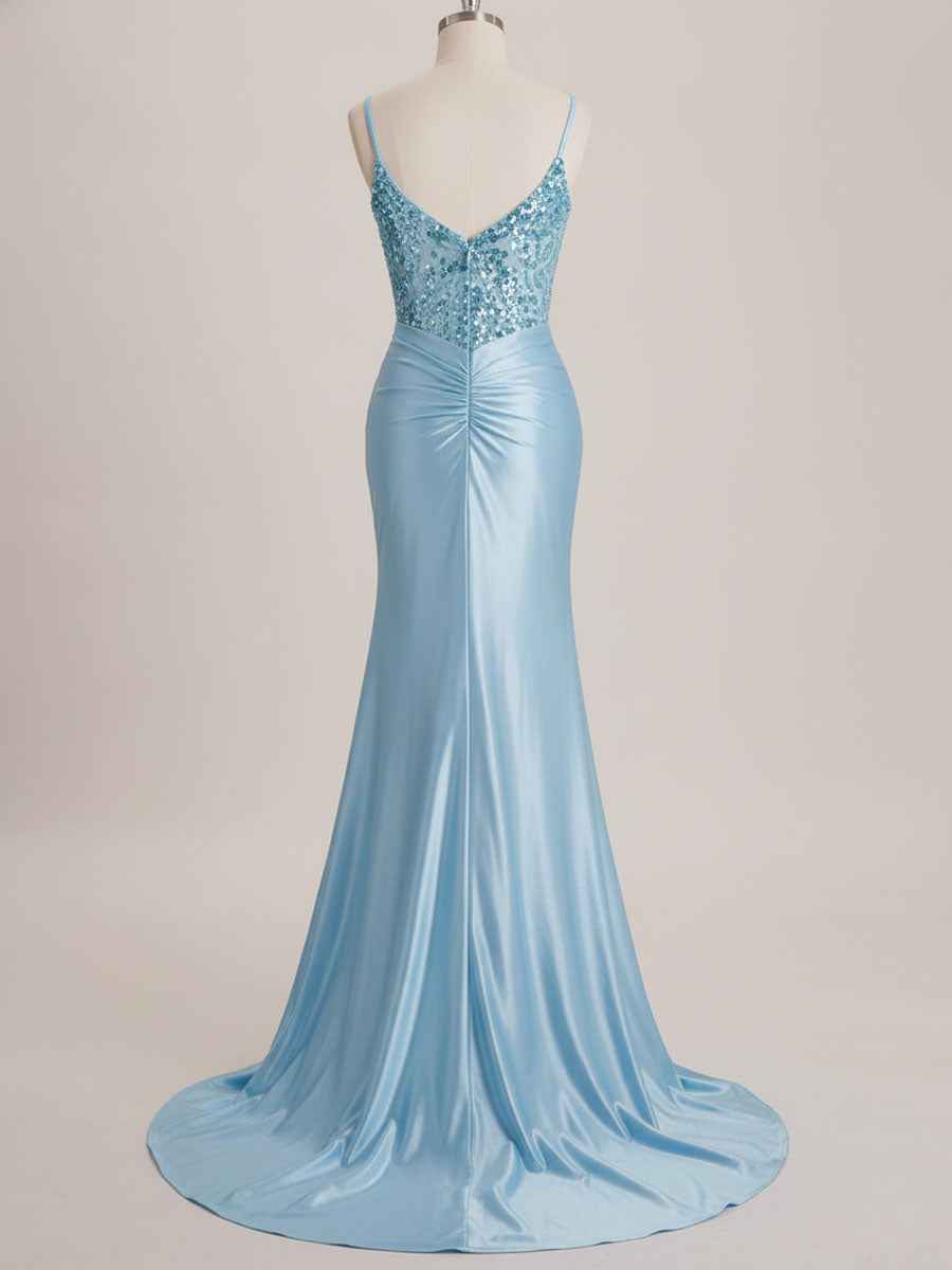 Light Blue Satin Sequin Bodice Twisted Waist Corset Prom Dress with Slit