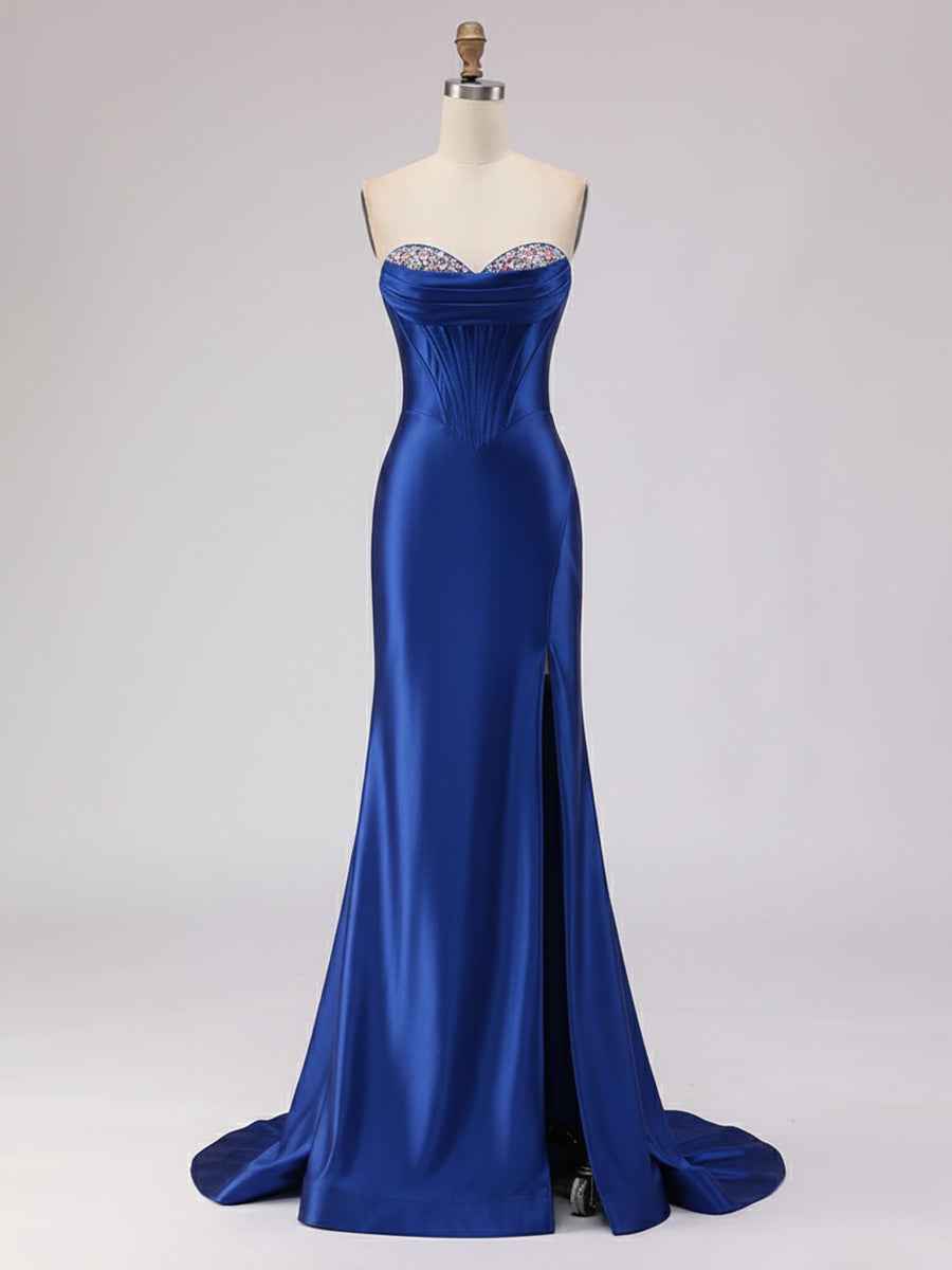 Light Blue Satin Strapless Corset Prom Dress with Slit