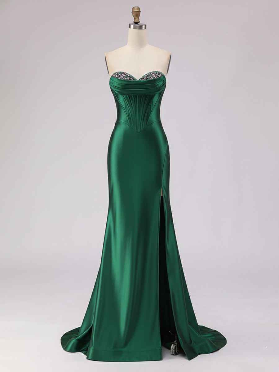 Light Blue Satin Strapless Corset Prom Dress with Slit
