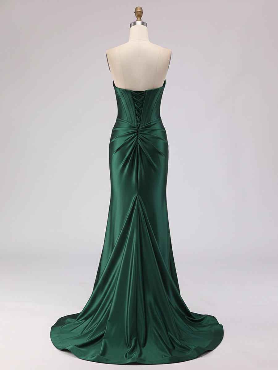 Light Blue Satin Strapless Corset Prom Dress with Slit